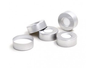 ND20 Closures, Open Top, Aluminum Crimp Cap with White PTFE/White Silicone Septa