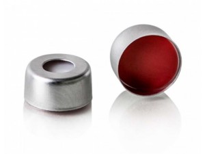 ND20 Closures, Open Top, Aluminum Crimp Cap with Red PTFE/White Silicone Septa