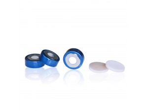 ND20 Closures, Open Top, Bi-Metallic Crimp Cap (Blue & Silver) with Natural PTFE/White Silicone Septa