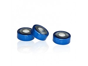 ND20 Closures, Open Top,  Bi-Metallic Crimp Cap (Blue & Silver) with Natural PTFE/Natural Silicone Septa